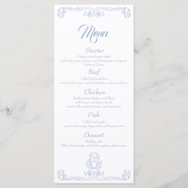 Elegant Wedding Dinner Menu – Blue Rose Filigree (Front)