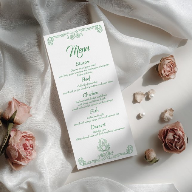 Elegant Wedding Dinner Menu – Green Rose Filigree (Creator Uploaded)