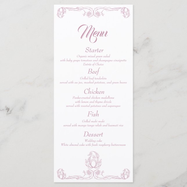 Elegant Wedding Dinner Menu – Pink Rose Filigree (Front)