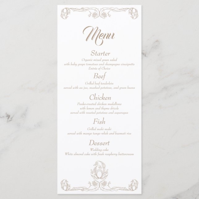 Elegant Wedding Dinner Menu – Sand Rose Filigree (Front)