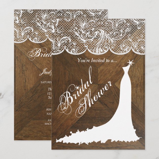 Elegant Wedding Dress and Lace on Barn Wood  Invitation (Front/Back)