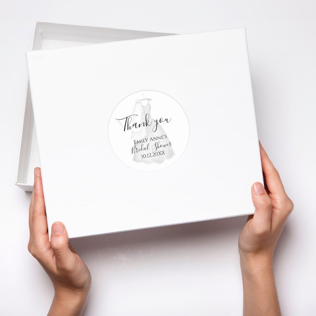 Elegant Wedding Dress Bridal Shower Custom Classic Round Sticker (Wedding thank you sticker)