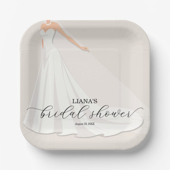 Elegant Wedding Dress Bridal Shower Paper Plate (Front)