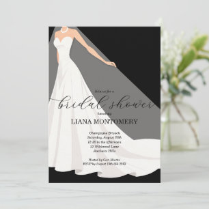 Elegant Wedding Dress on Black Bridal Shower Invitation
