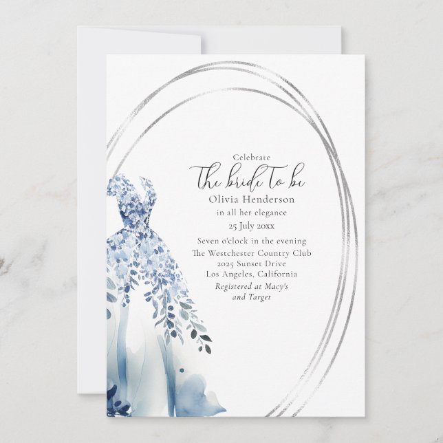 Elegant Wedding Dress, Silver Frame Bridal Shower Save The Date (Front)