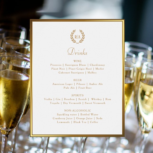 Elegant Wedding Drinks Bar Menu Gold White Sign (Creator Uploaded)