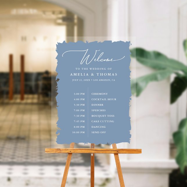 Elegant Wedding Dusty Blue Welcome and Timeline Acrylic Sign (Welcome your guests with our elegant acrylic sign that greets them and displays your event timeline.)