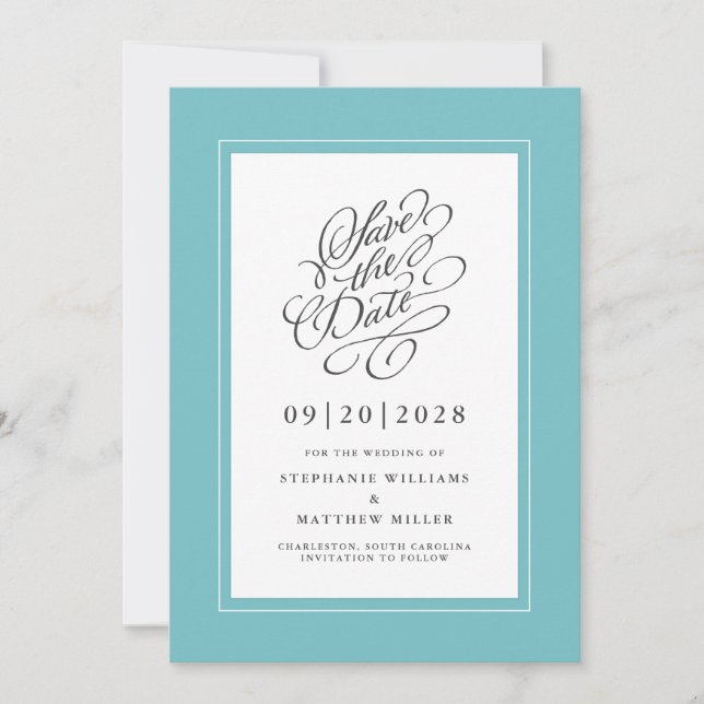 Elegant Wedding Engagement Calligraphy Script Aqua Save The Date (Front)
