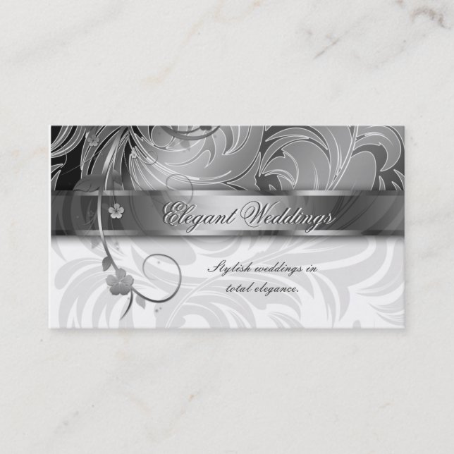 Elegant Wedding Event Planner Floral Leaf Silver Business Card (Front)