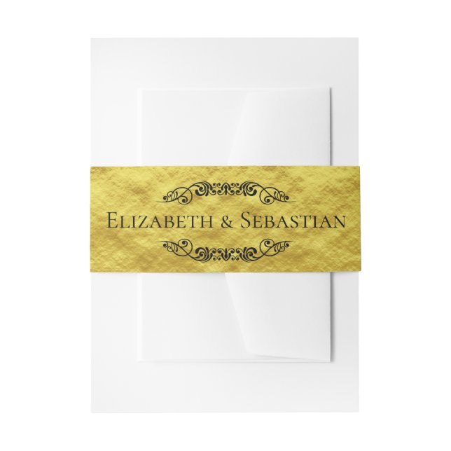 Elegant Wedding Faux Gold Foil Scrollwork Names Invitation Belly Band (Front Example)
