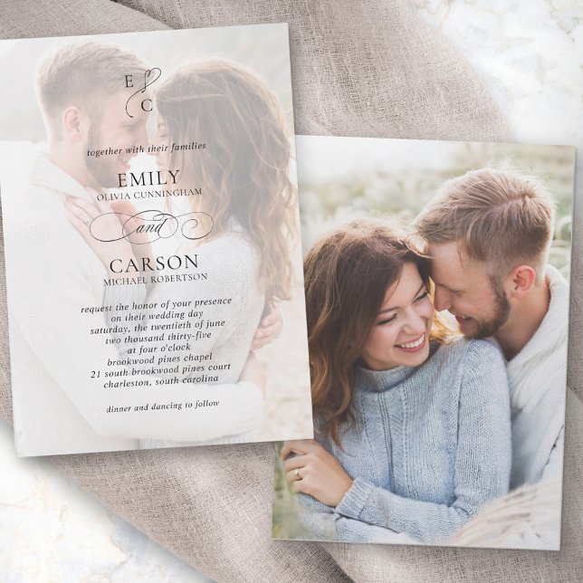Elegant Wedding Faux Vellum Overlay Photo Monogram Invitation (Creator Uploaded)