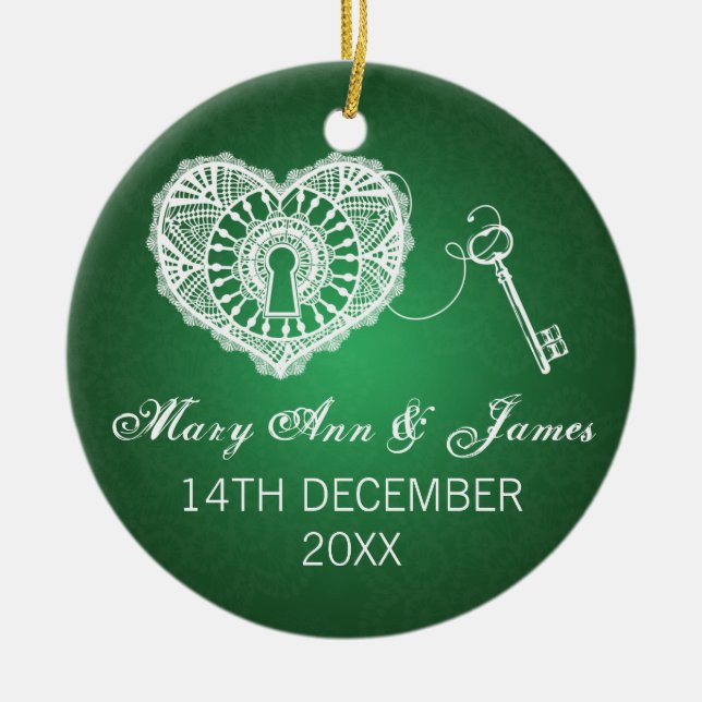 Elegant Wedding Favour Key To My Heart Green Ceramic Tree Decoration (Front)