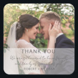 Elegant Wedding Favour Thank You  Square Sticker<br><div class="desc">Modern wedding thank you stickers in an elegant photo with script text design. You can use these with a favourite engagement photo or every day photo of the couple for wedding favours or add a wedding day photo and use as an envelope seal sticker for your thank you cards.</div>