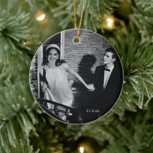 Elegant Wedding First Married Christmas Photo Ceramic Tree Decoration