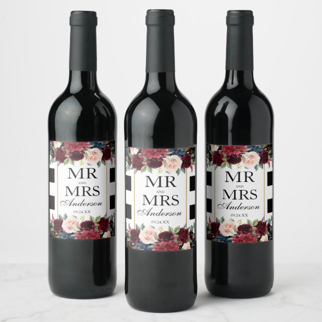 Elegant Wedding Floral Burgundy Blue Striped Wine Label (Bottles)