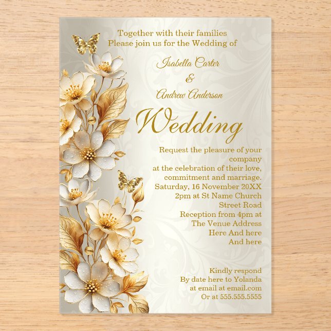 Elegant Wedding Floral Cream Gold Butterflies Acrylic Invitations (Front)
