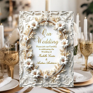 Elegant Wedding Floral Gold White Ornate Frame Invitation
