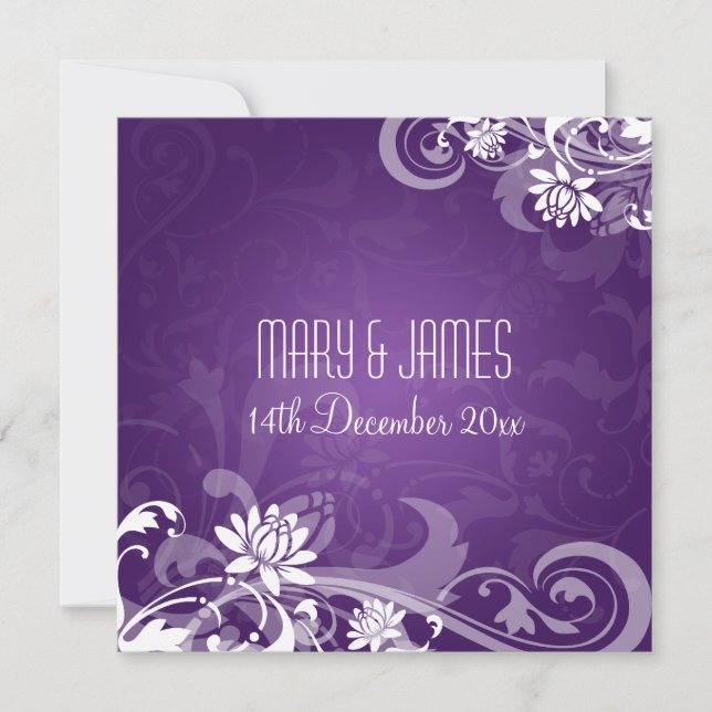 Elegant Wedding Floral Swirls Purple Invitation (Front)