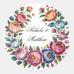 Elegant Wedding Floral Wreath Classic Round Sticker