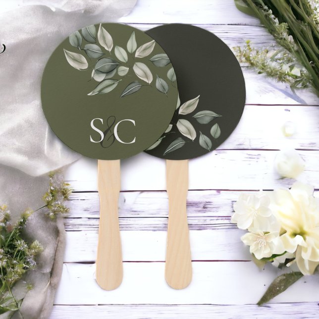 Elegant Wedding Foliage Muted Green Monogrammed Hand Fan (Elegant Wedding Foliage Muted Green Monogrammed Hand Fans from Ricaso)