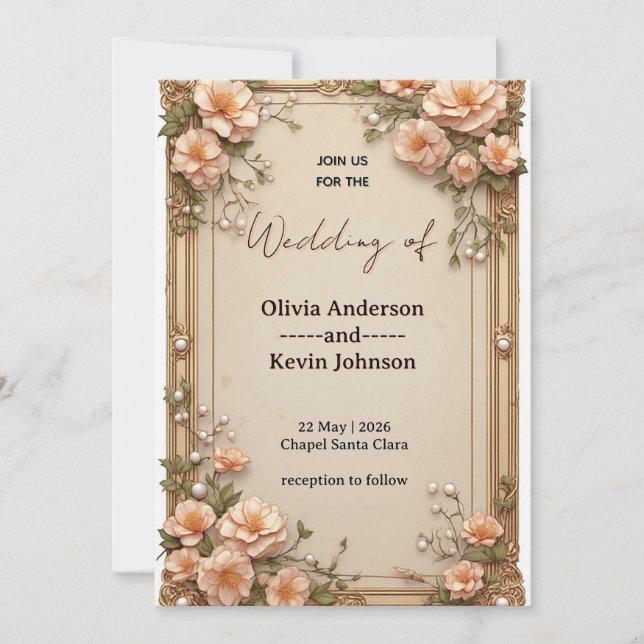 Elegant Wedding Frame With Soft Pink Flowers Invitation (Front)