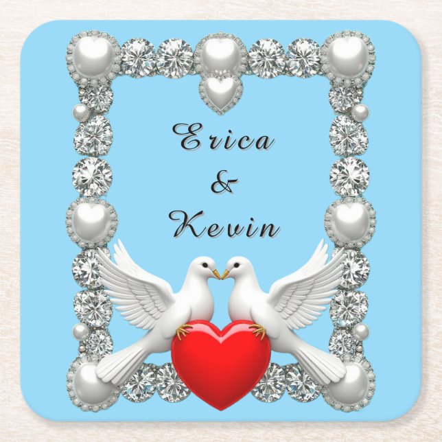 Elegant Wedding Frame with White Doves Square Paper Coaster (Front)