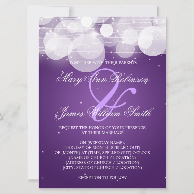 Elegant Wedding Glow & Sparkle Purple Invitation (Front)