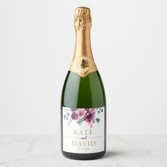 Elegant wedding gold and burgundy flowers sparkling wine label (Front)