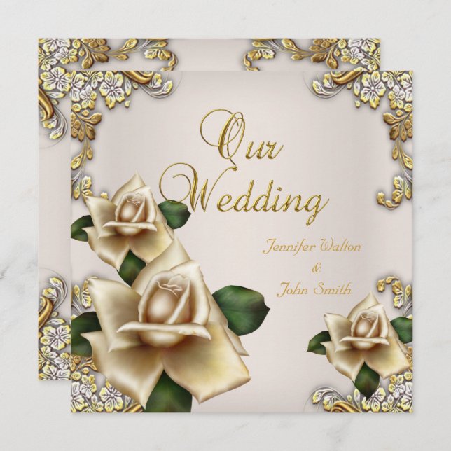 Elegant Wedding Gold Cream Beige Roses Invitation (Front/Back)