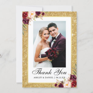 Elegant Wedding Gold Glitter Burgundy Floral Photo Thank You Card