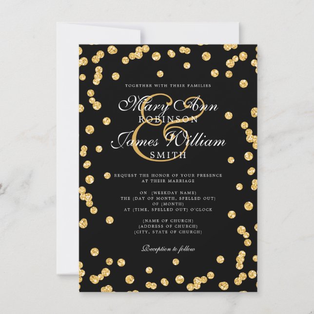 Elegant Wedding Gold Glitter Confetti Black Invitation (Front)