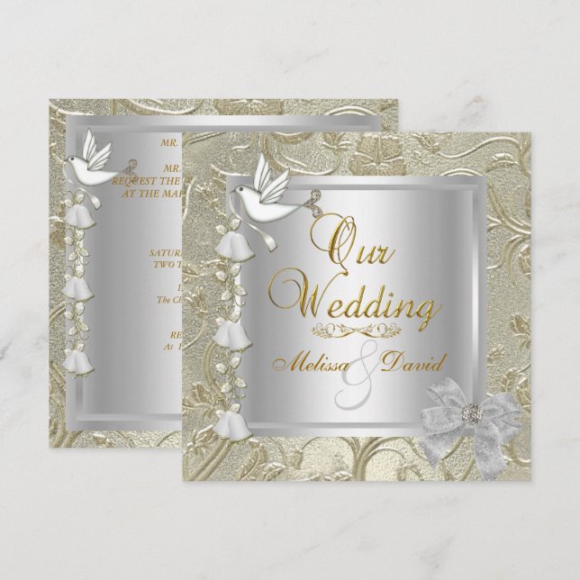 Elegant Wedding Gold Silver White Dove Damask Invitation (Front/Back)