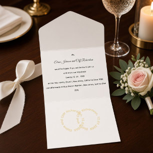 Elegant Wedding, gold written names in circles, All In One Invitation