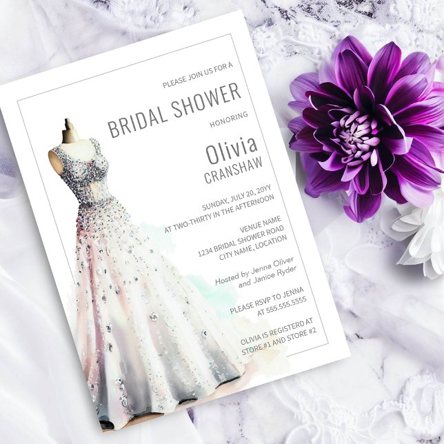 Elegant Wedding Gown Bridal Shower Invitation (Beautiful bride to be bridal shower invitation with a beautiful, crystal encrusted wedding gown.)