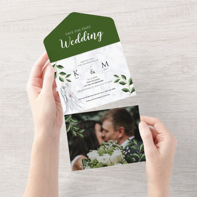 Elegant Wedding Green Foliage Photo Save the Date All In One Invitation (Tearaway)