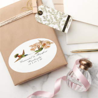 Elegant Wedding Green Hummingbird Blush Pink Oval Sticker