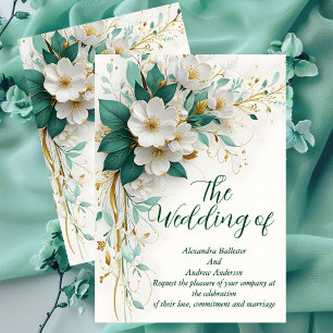 Elegant Wedding Green White Gold Flowers Invitation