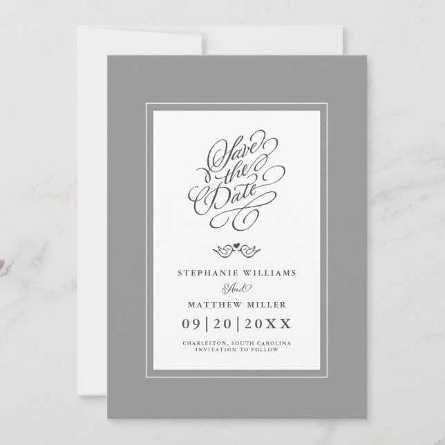 Elegant Wedding Grey Calligraphy Printable Digital Save The Date (Front)