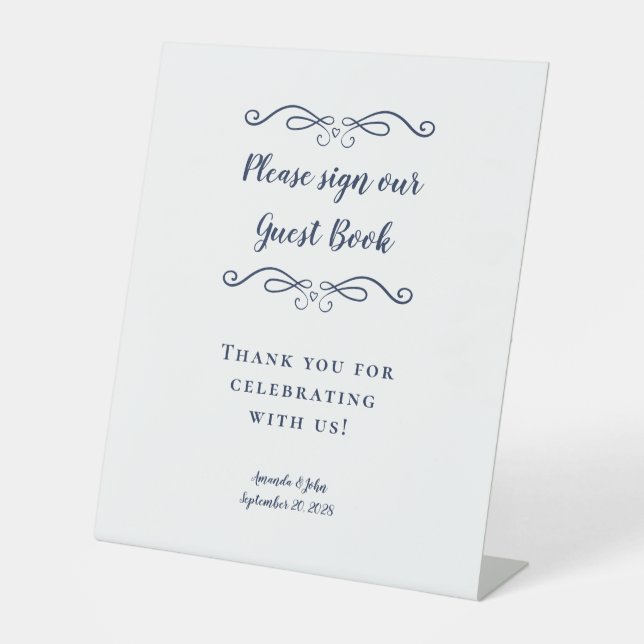 Elegant Wedding Guest Book Calligraphy Navy Blue Pedestal Sign (Front)