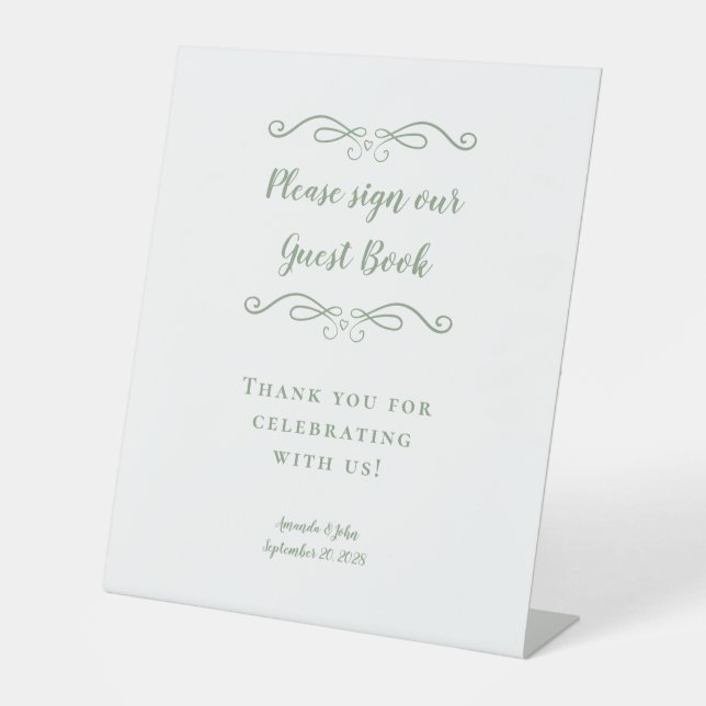Elegant Wedding Guest Book Calligraphy Sage Green Pedestal Sign (Front)