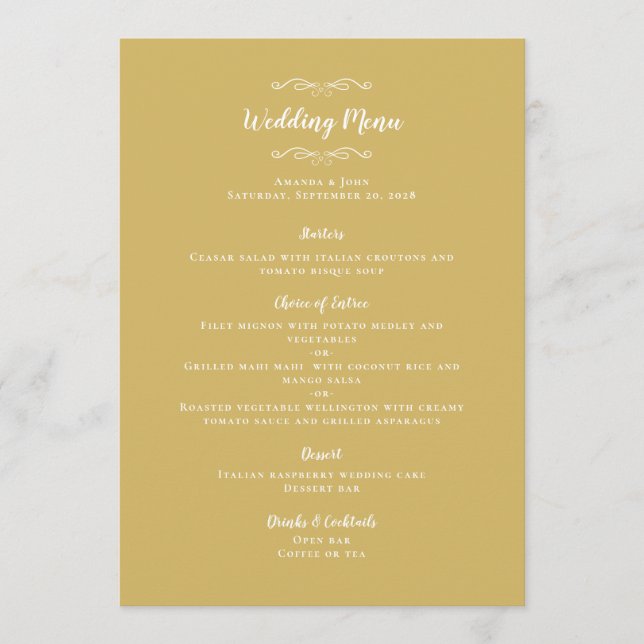 Elegant Wedding Guest Calligraphy Gold Chic Dinner Menu (Front)
