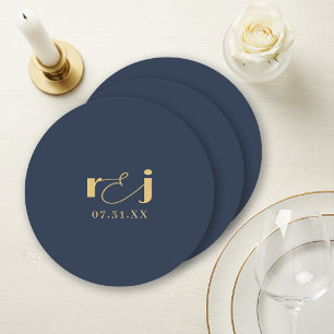 Elegant Wedding Initials Navy Blue Gold ID1312 Round Paper Coaster