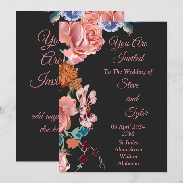 Elegant Wedding Invitation, black, pink, blue Invitation (Front/Back)
