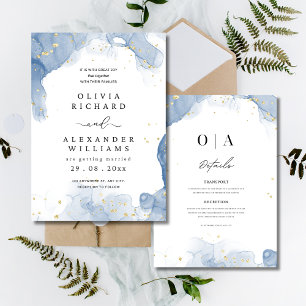 Elegant Wedding Invitation Blue and Gold Minimal