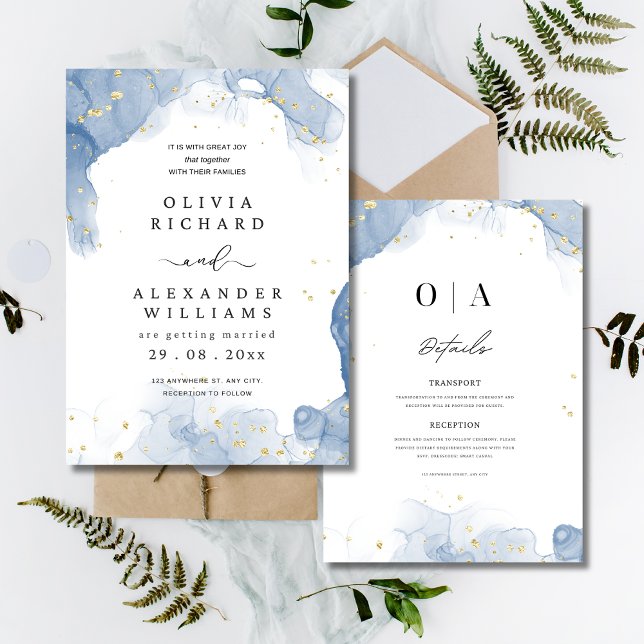 Elegant Wedding Invitation Blue and Gold Minimal (Creator Uploaded)