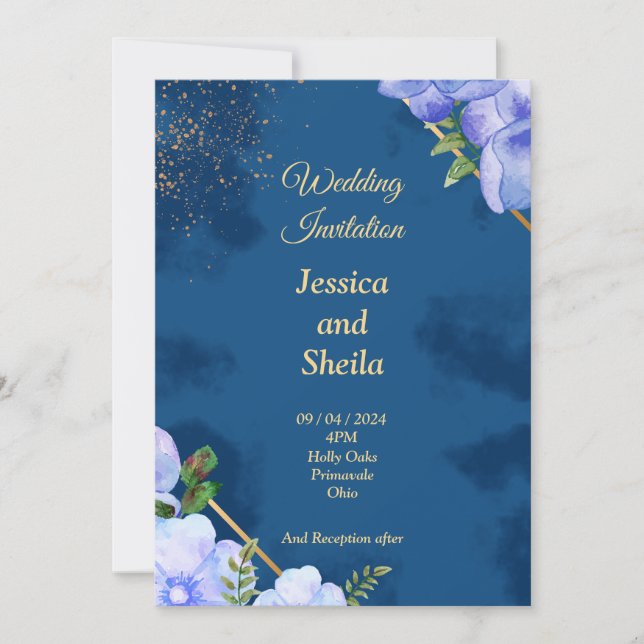 Elegant Wedding Invitation, blue, blue flowers Invitation (Front)