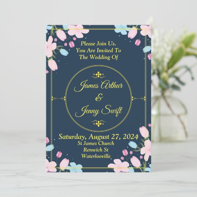 Elegant Wedding Invitation, blue,gold,pink Invitation (Standing Front)