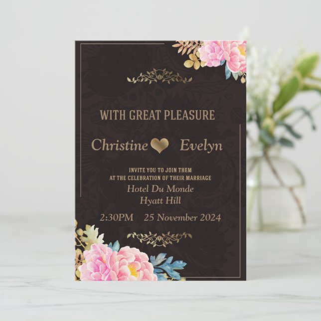 Elegant Wedding Invitation, brown,pink Invitation (Standing Front)