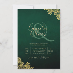 Elegant Wedding Invitation Emerald Green Gold Lace