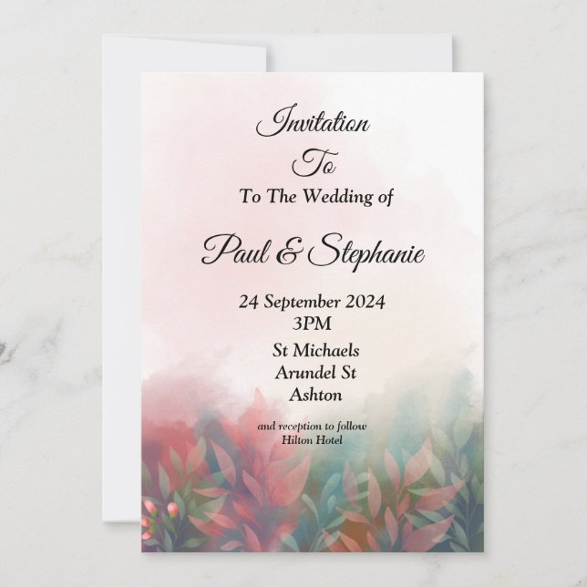 Elegant Wedding Invitation, green, pink leafs Invitation (Front)